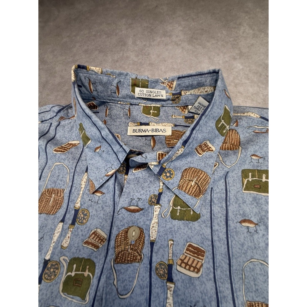 Vintage Burma Bibas Mens L Fishing Shirt Cotton Lawn Fly Rod Lure Novelty Print - Picture 8 of 11